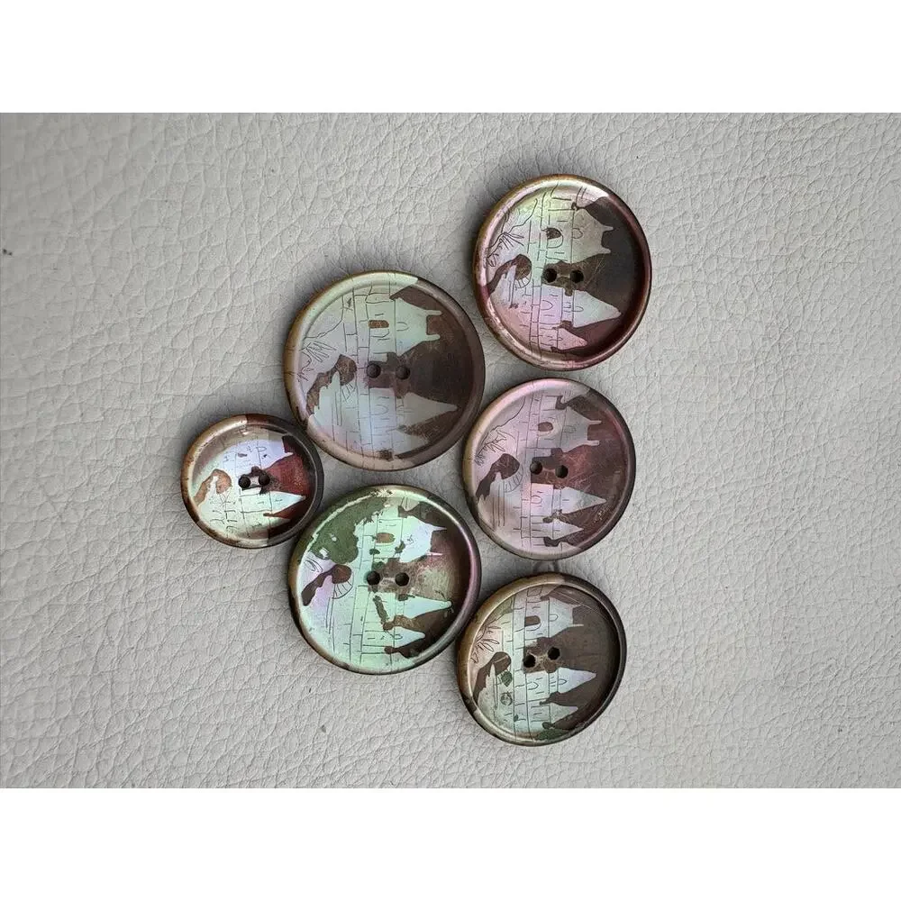 Antique Mother Of Pearl Abalone Etched Buttons Set of 6 Village Scene - Picture 3 of 6